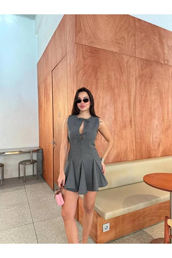 Bağcık detaylı Kolsuz Mini Elbise - Antrasit