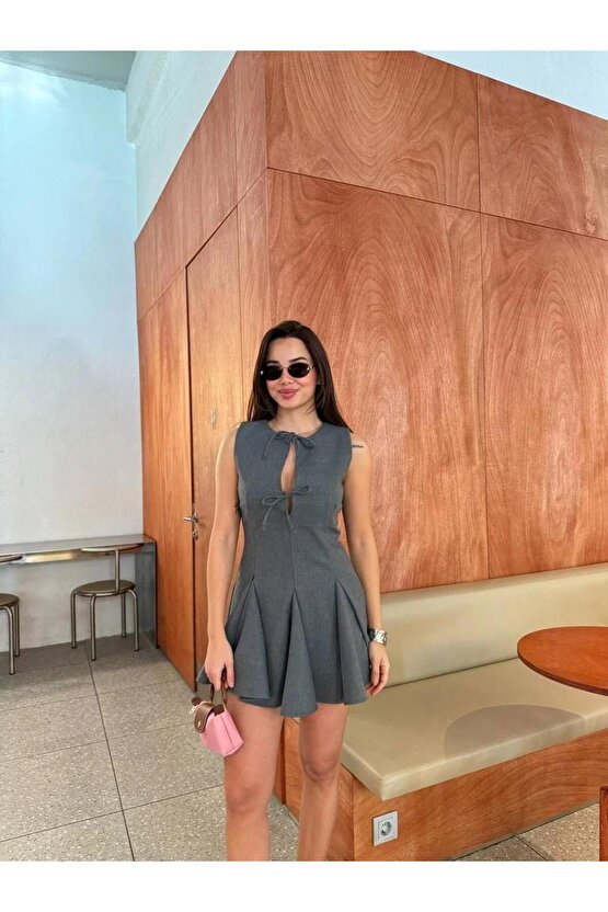 Bağcık detaylı Kolsuz Mini Elbise - Antrasit