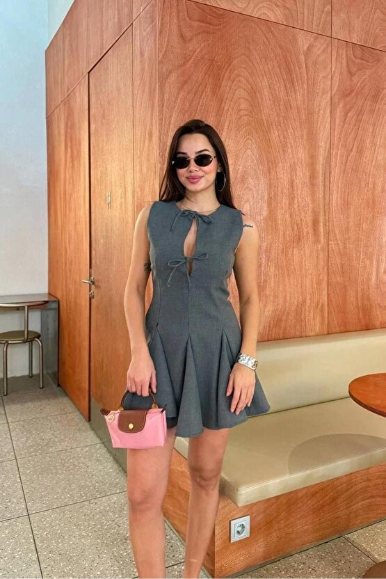 Bağcık detaylı Kolsuz Mini Elbise - Antrasit