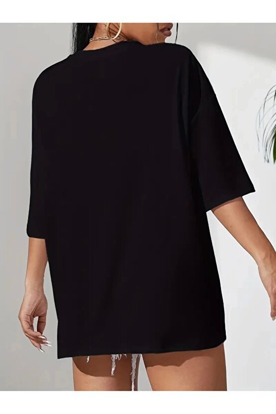 201 Penye Compack Classical Baskılı Siyah Oversize Tişort - Siyah
