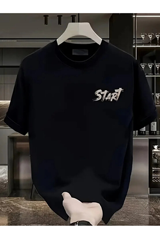201 Penye Compack Start All Over Baskılı Oversize Bisiklet Yaka Kısa Kol T-shirt - Siyah