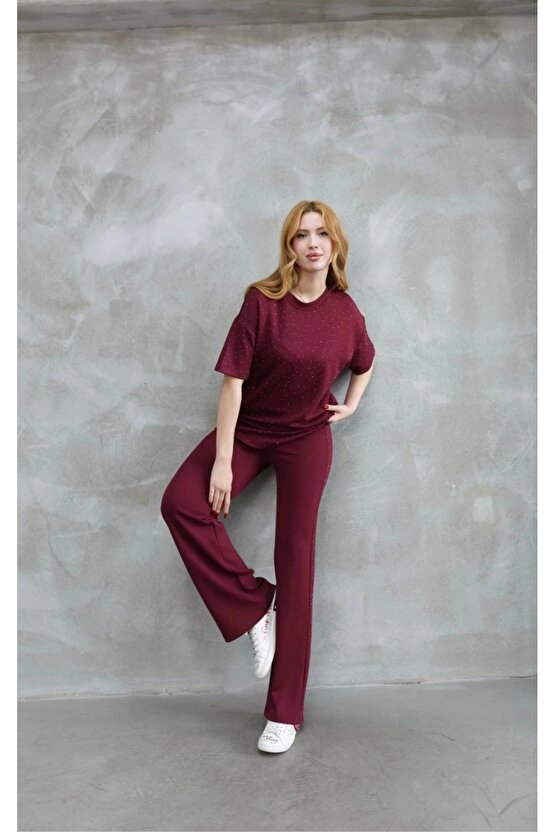 Osy Modal Yumuşak dokulu Kumaş Bisiklet Yaka Taş detaylı Kısa Kollu Takım - Bordo