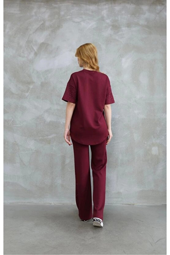 Osy Modal Yumuşak dokulu Kumaş Bisiklet Yaka Taş detaylı Kısa Kollu Takım - Bordo