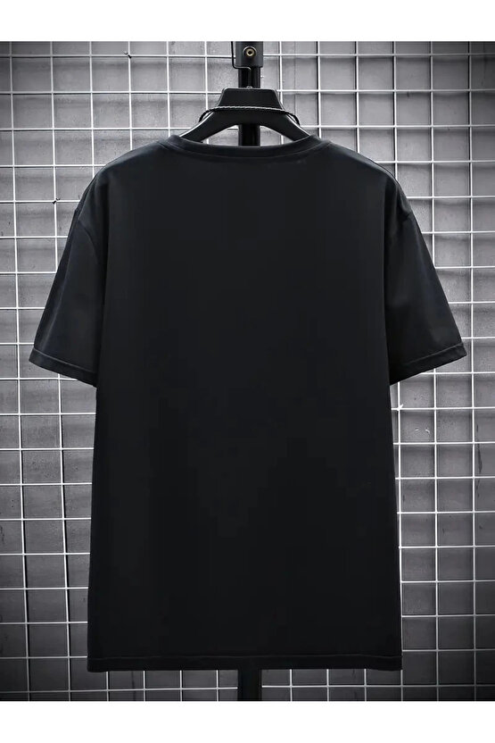 201 Penye Compack FUTRE Baskılı Oversize Kısa Kol Bisiklet Yaka T-shirt - Siyah