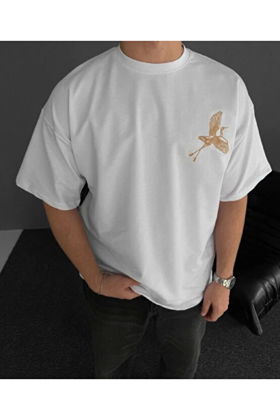 Ön Ve Arka Baskılı Oversize Bisiklet Yaka T-shirt - Beyaz