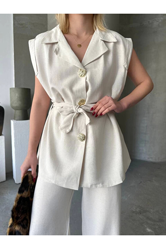 Keten Sıfır Kol Kuşaklı Ceket Pantolon Ikili Takım - Beyaz