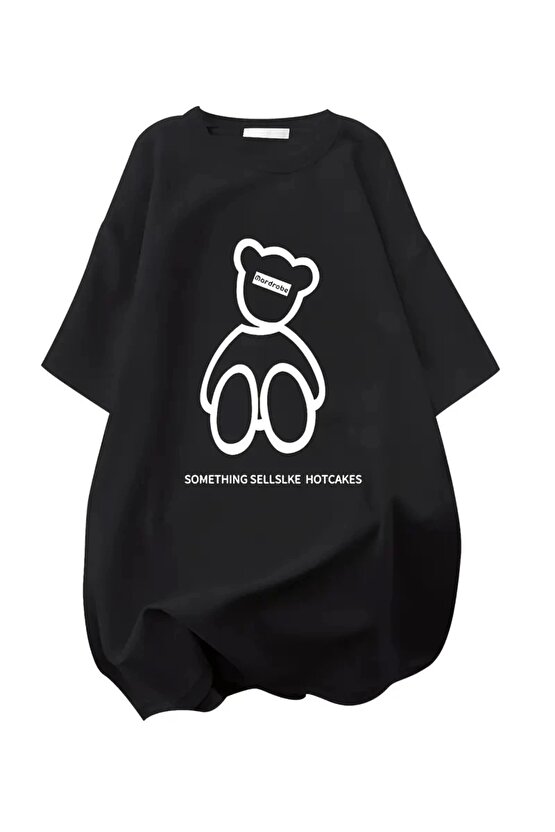 201 Penye Compack Ön Arka Baskılı Oversize Bisiklet Yaka T-shirt - Siyah