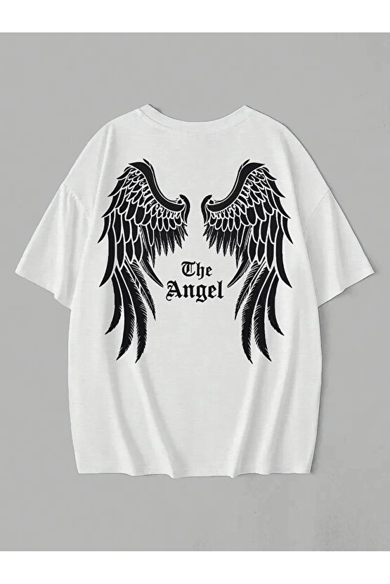 201 Penye Compack Dark Angel Baskılı Oversize Kısa Kol Yazlık T-shirt- Beyaz