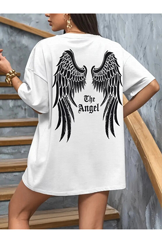 201 Penye Compack Dark Angel Baskılı Oversize Kısa Kol Yazlık T-shirt- Beyaz