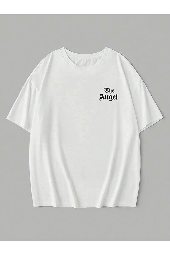 201 Penye Compack Dark Angel Baskılı Oversize Kısa Kol Yazlık T-shirt- Beyaz