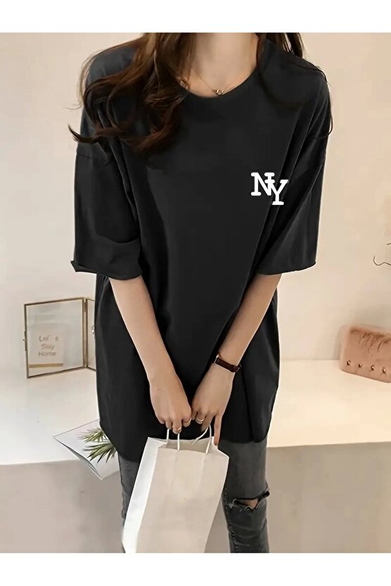 Kadın Eğlenceli Harf NY Baskılı Bisiklet Yaka Tişört - Rahat Polyester, Makinede Yıkanabilir - Yaz v