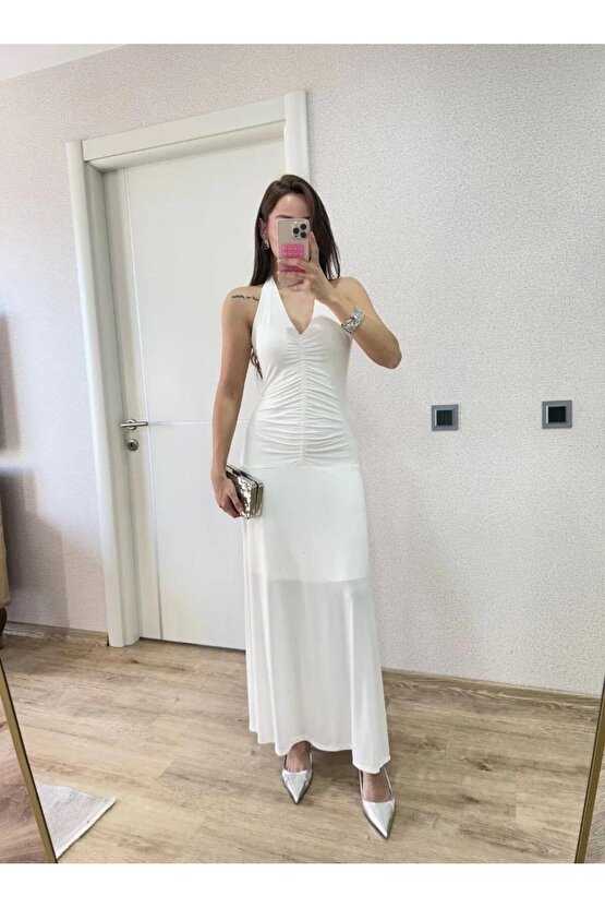 Sırt Dekolteli Uzun Kollu Elbise - Beyaz