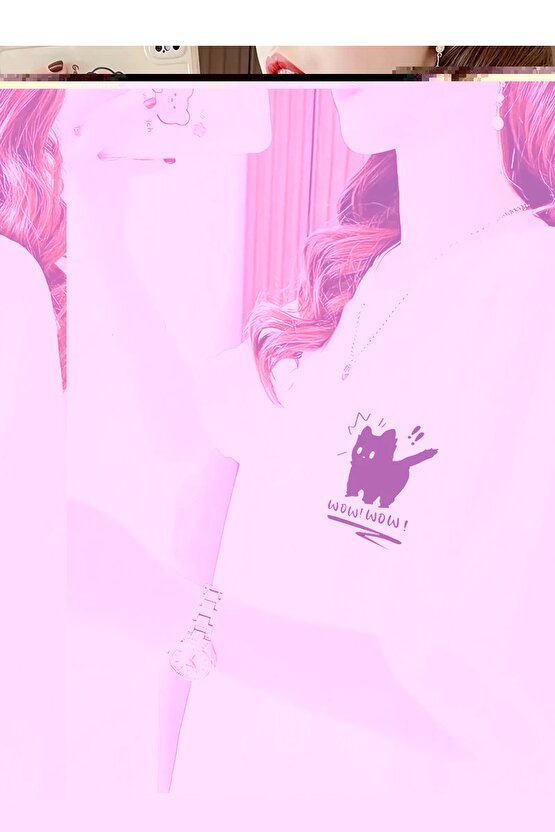 201 Penye Compack Tatlı Kedi Baskılı Oversize Bisiklet Yaka T-shirt - Beyaz