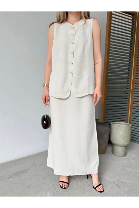 Keten Kolsuz Hırka Etek Ikili Takım- Beyaz