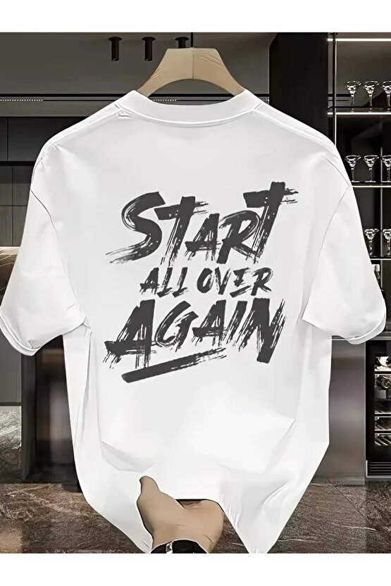 201 Penye Compack Start All Over Baskılı Oversize Bisiklet Yaka Kısa Kol Yazlık T-shirt - Beyaz