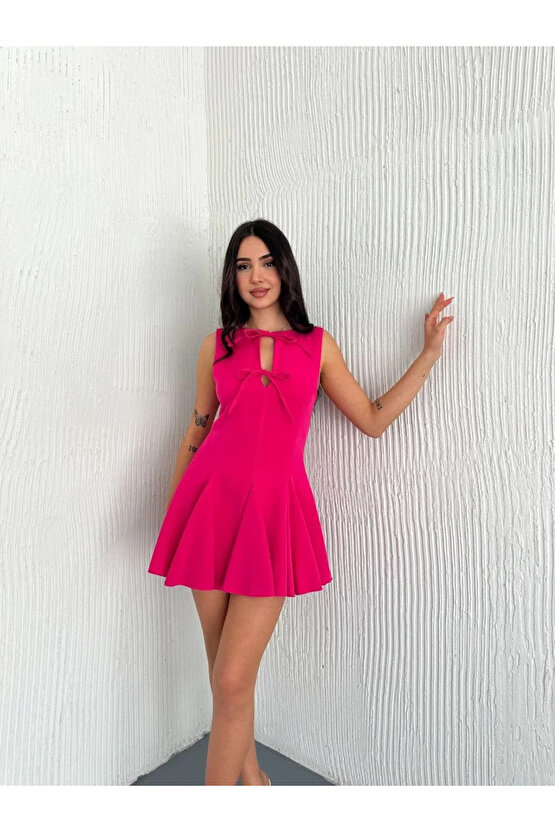 Göğüs Bağlamalı Kolsuz Mini Boy Elbise - Pembe