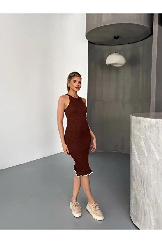 Fırfır Detaylı Triko Elbise- Kahverengi