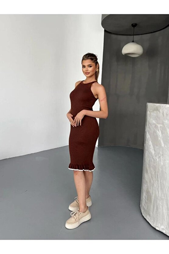 Fırfır Detaylı Triko Elbise- Kahverengi