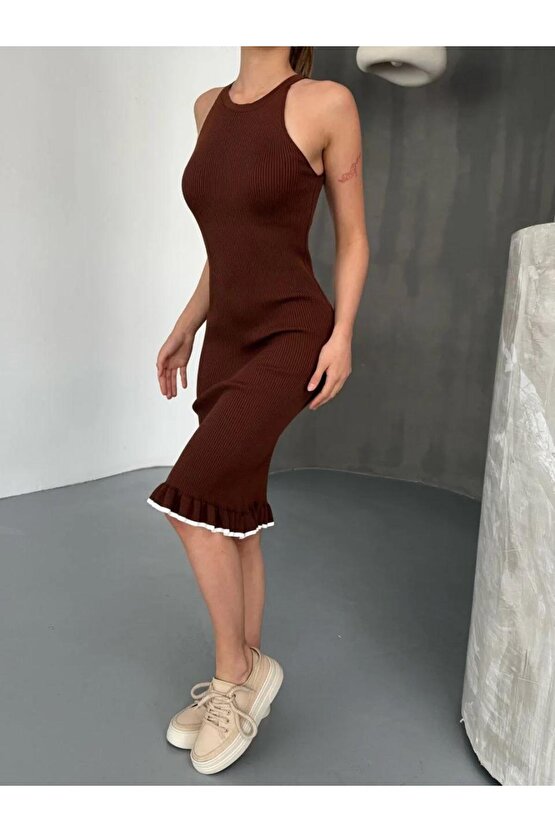 Fırfır Detaylı Triko Elbise- Kahverengi
