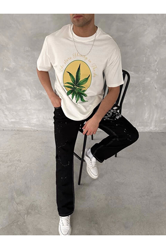 Ön Ve Arka Baskılı Oversize Bisiklet Yaka T-shirt- Beyaz