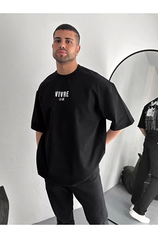 Baskılı Oversize Bisiklet Yaka T-shirt - Siyah