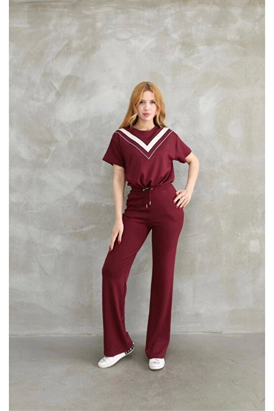 Osy Modal Yumuşak dokulu Kumaş Bisiklet Yaka Parçalı detaylı Kısa Kollu Takım - Bordo