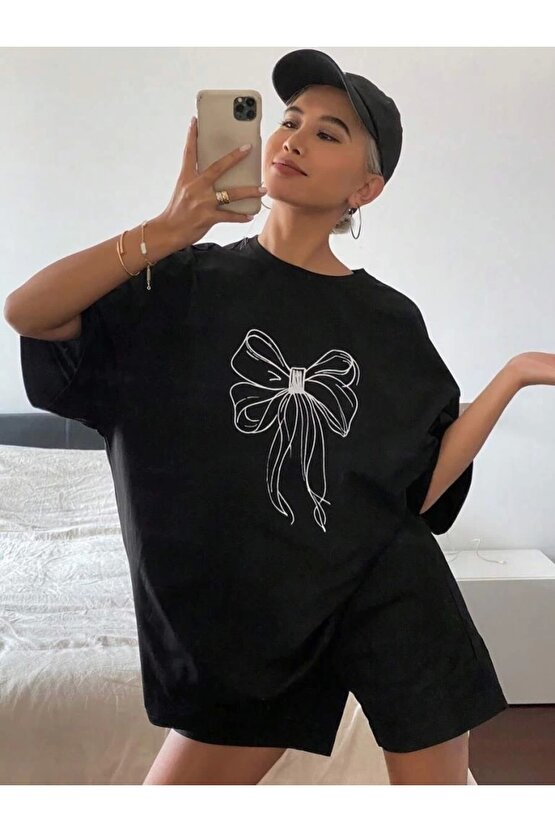 Kadın Baskılı Oversize T-shirt - Siyah