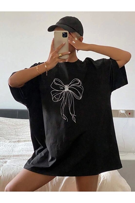 Kadın Baskılı Oversize T-shirt - Siyah