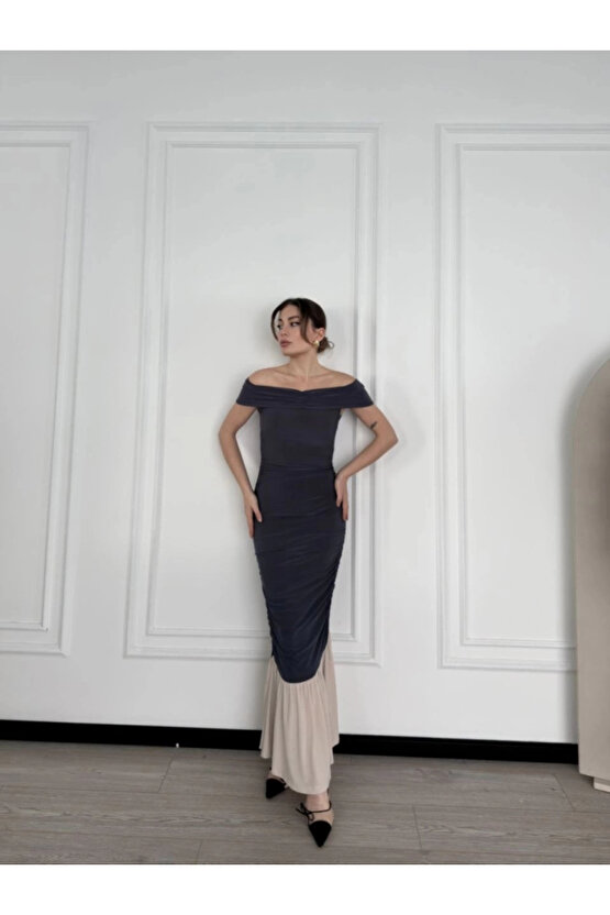 MDB triptiz Omuzlu Uzun Elbise Füme