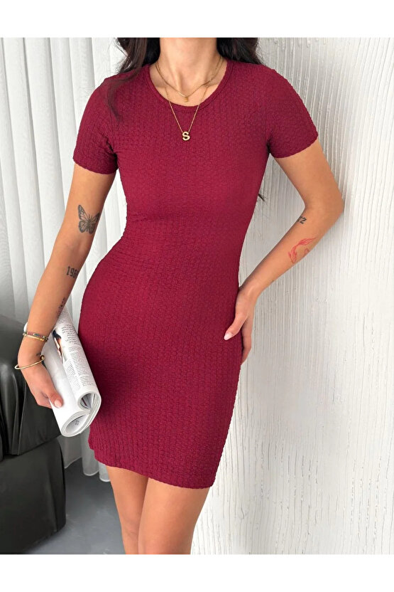 Bisiklet Yaka Kısa Kol Likralı Elbise - Bordo