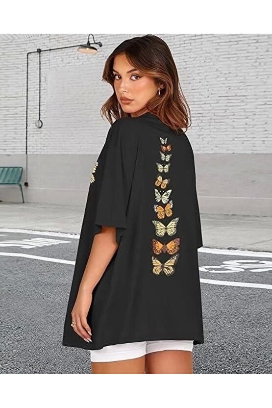 Kadın Bisiklet Yaka Baskılı T-shirt - Siyah