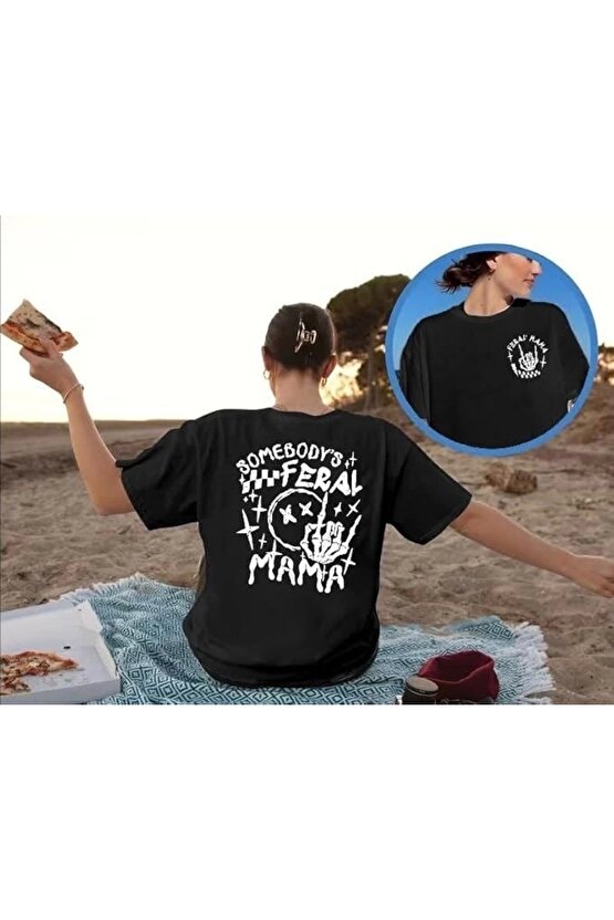 Kadın Bisiklet Yaka Baskılı T-shirt - Siyah