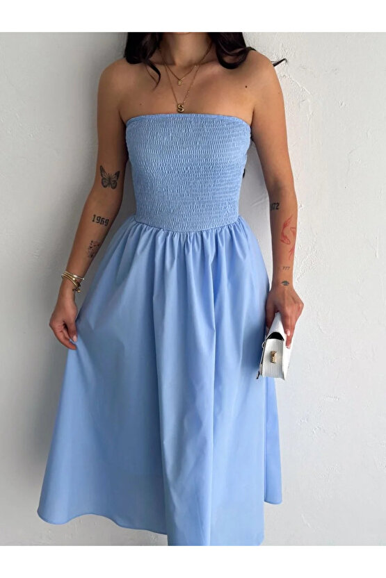Straplez Pileli Elbise - Açık Mavi