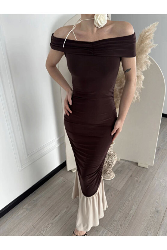 Striptiz Omuzlu Uzun Elbise- Kahve