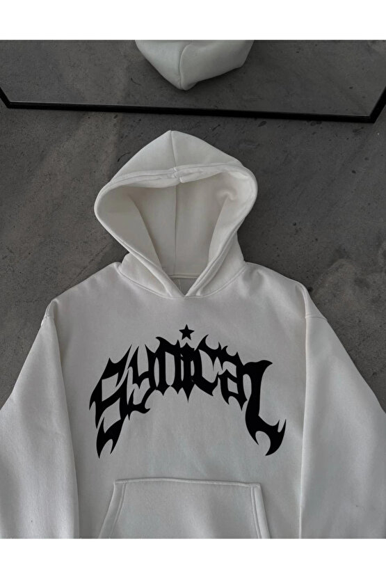 Üç İplik Kapüşonlu Baskılı Oversize SweatShirt- Beyaz