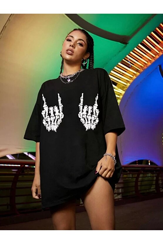 Kadın Baskılı Oversize T-shirt - Siyah