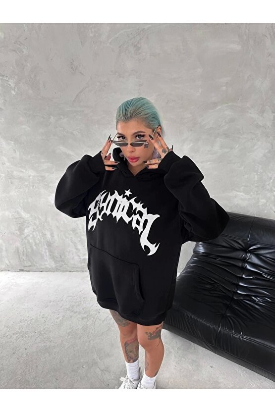 Unisex Üç İplik Kapüşonlu Baskılı SweatShirt - Siyah