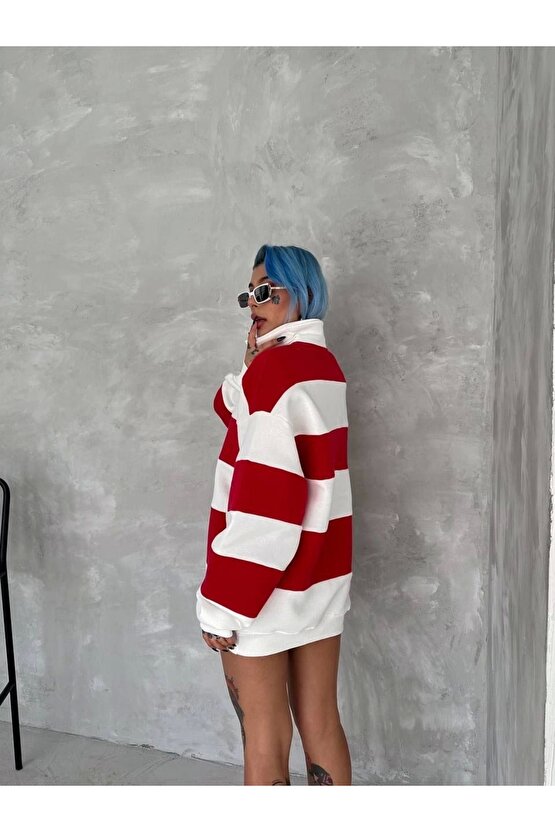 Unisex Üç İplik Parçalı Yakalı SweatShirt - Kırmızı