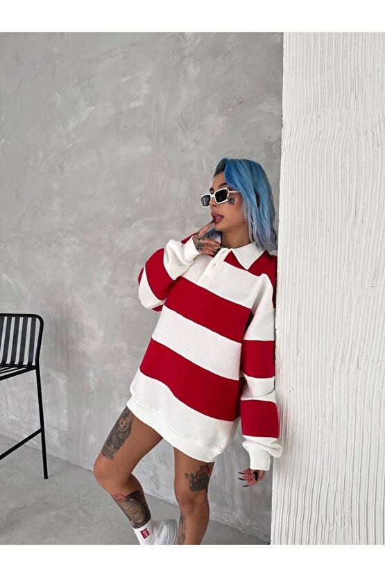 Unisex Üç İplik Parçalı Yakalı SweatShirt - Kırmızı