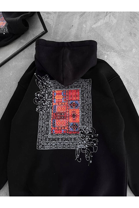 Uzun Kol Kapüşonlu Ön Ve Arka Baskılı SweatShirt - Siyah