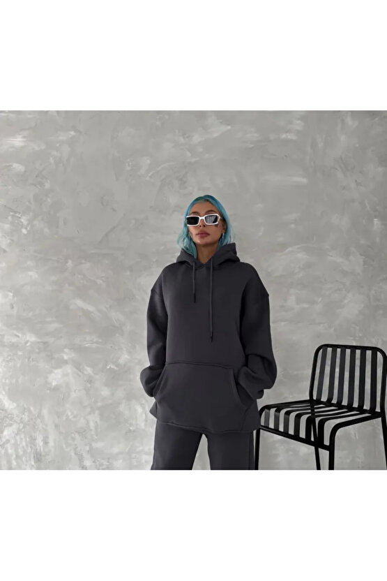 Kapüşonlu Üç İplik Penye Basic SweatShirt - Füme