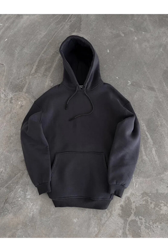 Kapüşonlu Üç İplik Penye Basic SweatShirt - Füme