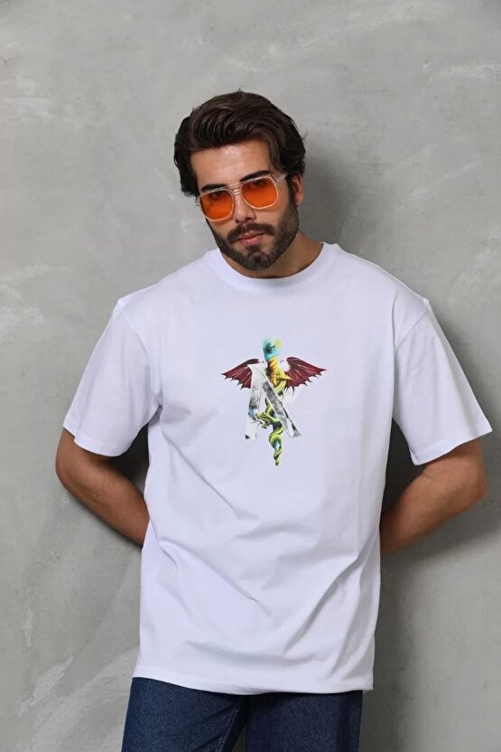 Unisex Bisiklet Yaka Baskılı Oversize T-Shirt - Beyaz