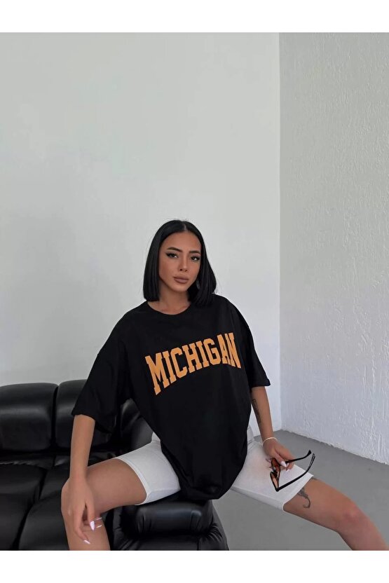 Unisex Bisiklet Yaka Baskılı Oversize T-Shirt - Siyah