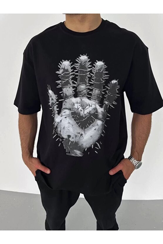 Unisex Bisiklet Yaka Baskılı Oversize T-Shirt - Siyah