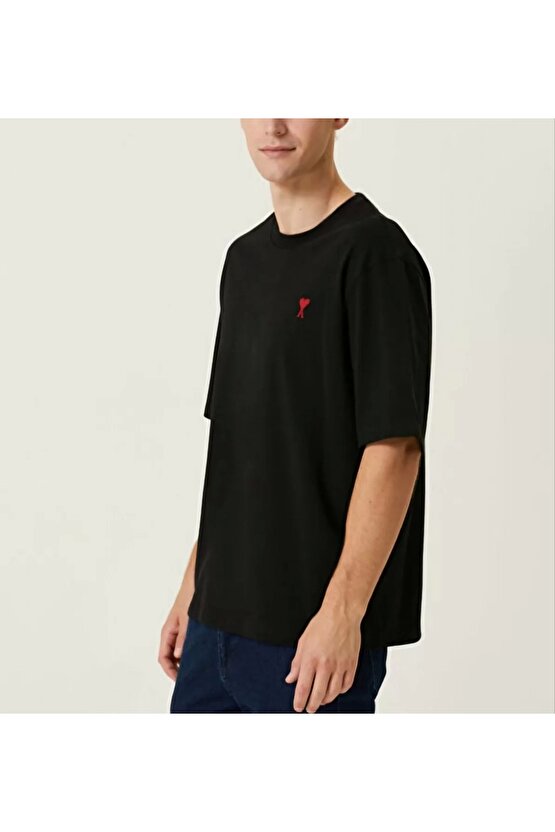 Unisex Bisiklet Yaka Baskılı Oversize T-Shirt - Siyah