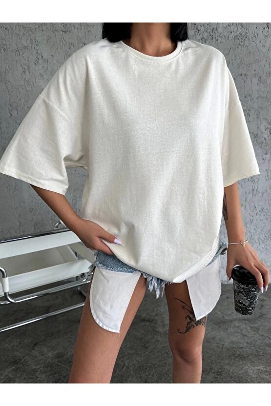 Unisex Düz Biskilet Yaka Oversize T-shirt - Beyaz