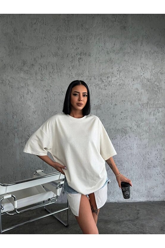 Unisex Düz Biskilet Yaka Oversize T-shirt - Beyaz
