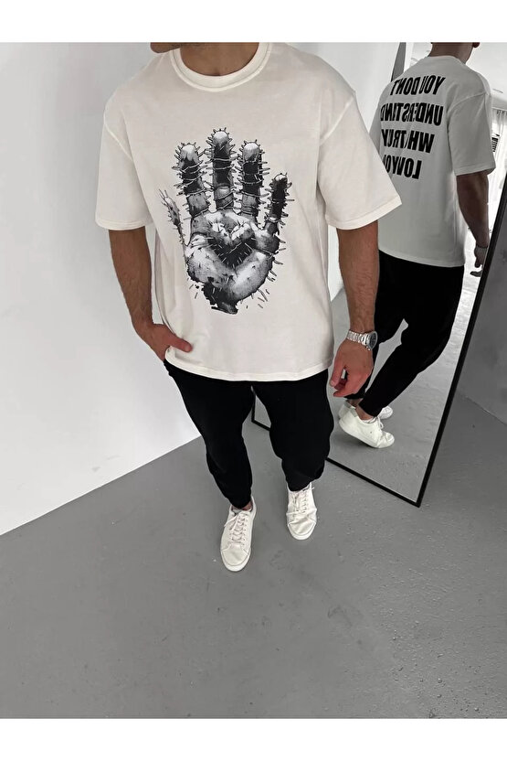 Unisex Bisiklet Yaka Baskılı Oversize T-Shirt - Beyaz