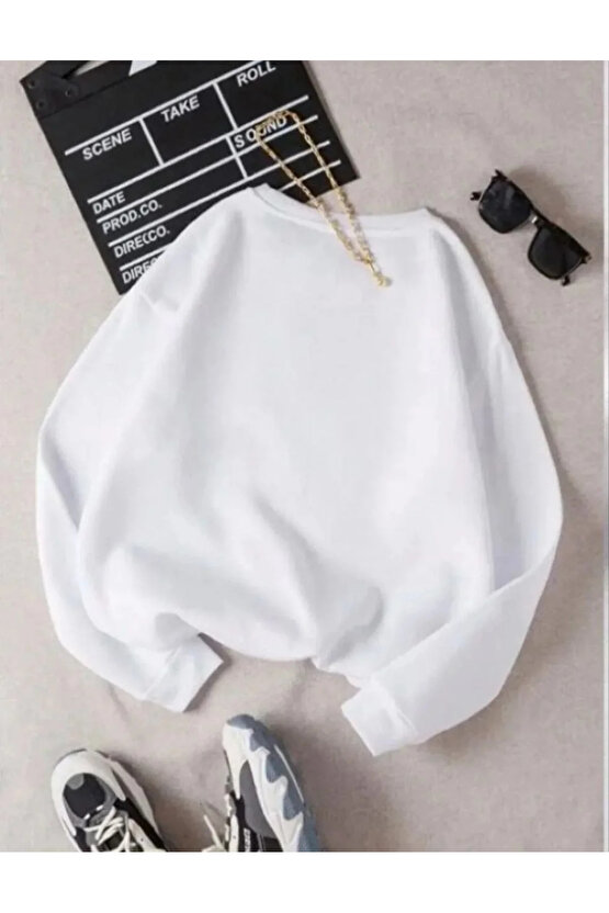 Unisex Üç İplik Biskilet Yaka SweatShirt - Beyaz